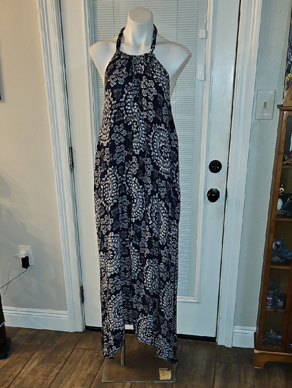 Elan Navy and White Halter Maxi Dress